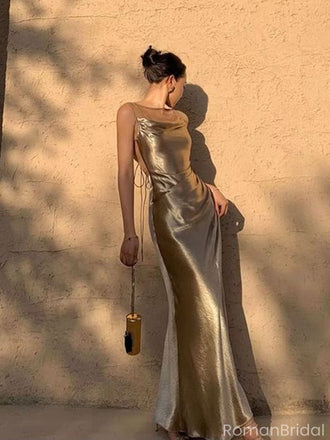 Sexy Gold Spaghetti Strap Mermaid Long Prom Dress Ideas, Evening Party Dresses, OLP1411