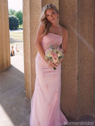 Elegant Pink Strapless Lace Applique Prom Gown Slim Fit Tulle Evening Dress,OLP1849
