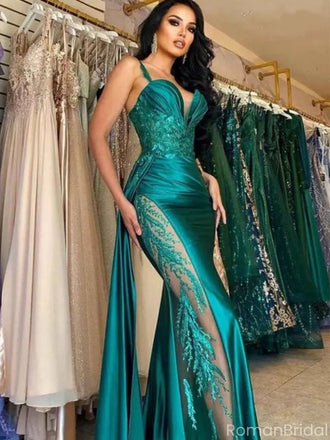Elegant Green Spaghetti Strap Mermaid Side Slit Long Prom Dress Ideas, Evening Party Dresses , OLP1229
