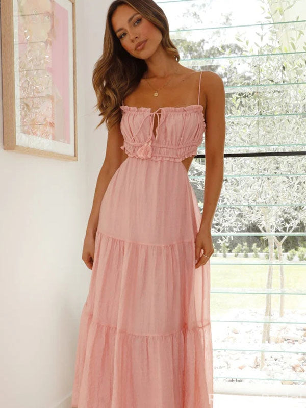 Elegant Pink Chiffon A-Line Maxi Dress with Ruffled Tiered Skirt Prom Dress,OLP1755