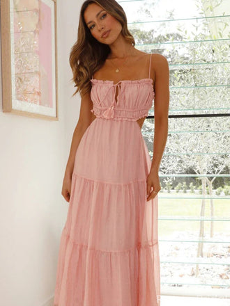 Elegant Pink Chiffon A-Line Maxi Dress with Ruffled Tiered Skirt Prom Dress,OLP1755