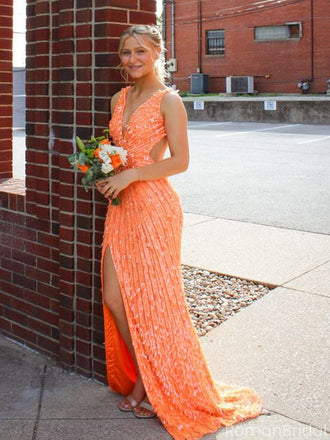 Elegant Orange V-Neck Mermaid Side Slit Long Prom Dress Ideas, Evening Party Dresses, OLP1447