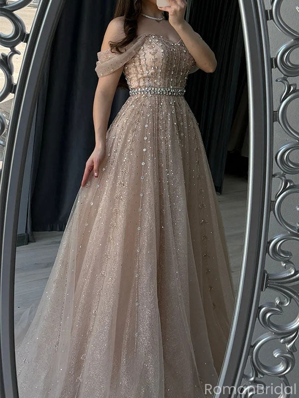 Elegant Pink Off-Shoulder A-Line Long Prom Dress Ideas, Evening Party Dresses, OLP1561
