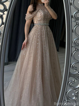 Elegant Pink Off-Shoulder A-Line Long Prom Dress Ideas, Evening Party Dresses, OLP1561