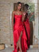 Bold Red Satin Strapless Prom Dress with High-Low Ruffled Hemline,OLP1780