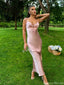 Elegant Pink Satin Slip Prom Dress Sexy Cut-Out Front Tie Midi Length Cocktail Gown,OLP1826