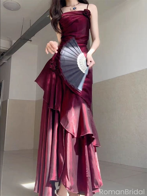 Elegant Red Spaghetti Strap Sleeveless Mermaid Long Prom Dress Ideas, Evening Party Dresses , OLP1209