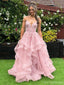 Beautiful Blush Pink Lace Prom Dress V-Neck Spaghetti Straps Ruffled Tulle Ball Gown, OLP1700
