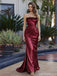 Fancy Wine Red Satin Column Prom Dress with Floral Applique Strapless Neckline,OLP1774