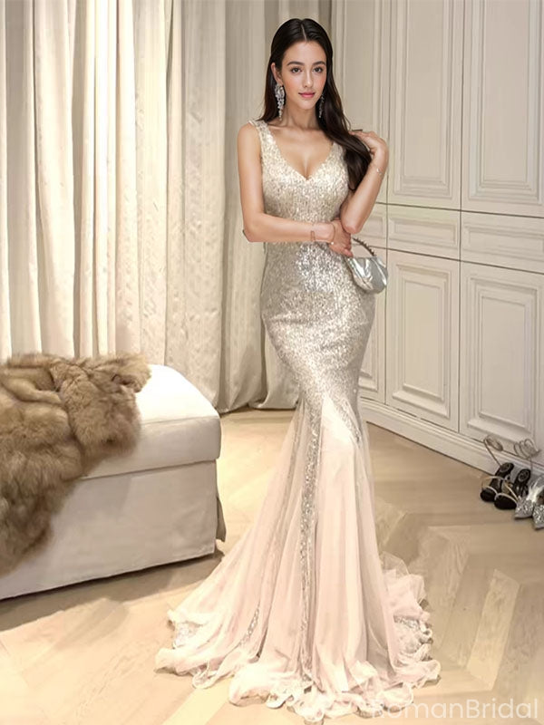Shiny Champagne Spaghetti Strap Mermaid  Long Prom Dress Ideas, Evening Party Dresses, OLP1437