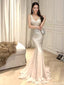Shiny Champagne Spaghetti Strap Mermaid  Long Prom Dress Ideas, Evening Party Dresses, OLP1437