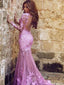 Sexy Applique Pink Long Sleeve Mermaid Long Prom Dress Ideas, Evening Party Dresses, OLP1501
