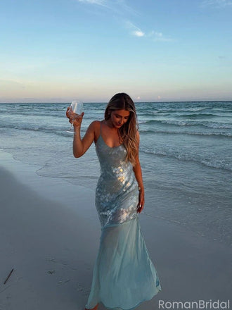 Sparkly Blue Spaghetti Strap Mermaid Long Prom Dress Ideas, Evening Party Dresses, OLP1586