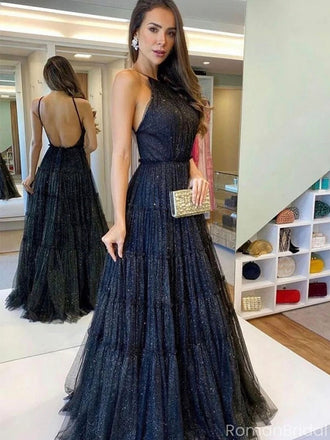 Sexy Black Halter A-Line Long Prom Dress Ideas, Evening Party Dresses, OLP1330