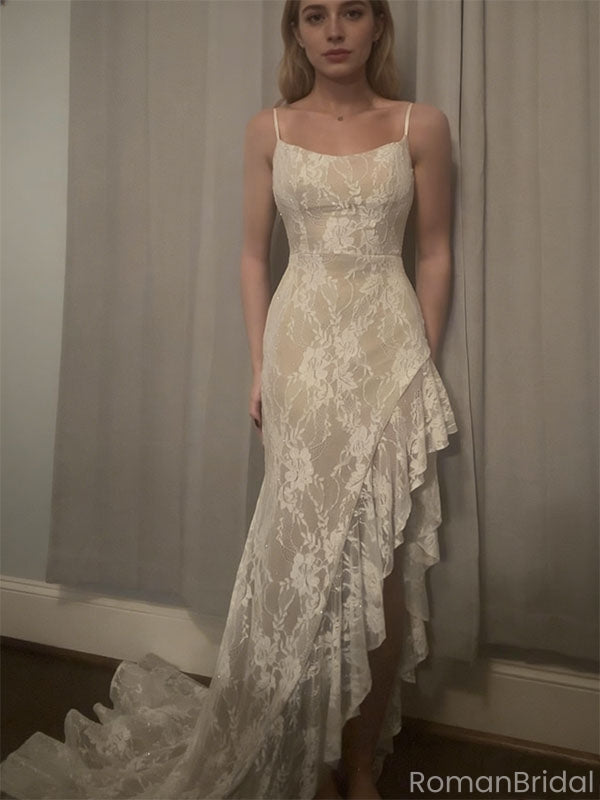 Unique Ivory Lace Mermaid Prom Dress High-Low Ruffle Hem Spaghetti Straps,OLP1797