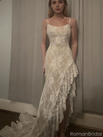 Unique Ivory Lace Mermaid Prom Dress High-Low Ruffle Hem Spaghetti Straps,OLP1797