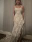 Unique Ivory Lace Mermaid Prom Dress High-Low Ruffle Hem Spaghetti Straps,OLP1797