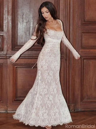 Elegant White Lace Long Sleeve Mermaid Long Prom Dress Ideas, Evening Party Dresses , OLP1203