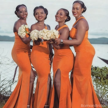 Elegant Orange One-Shoulder Sleeveless Mermaid Long Bridesmaid Dresses Online, BG888