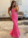 Stunning Hot Pink Lace Prom Dress Mermaid Strapless Embroidered Gown,OLP1789