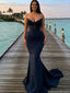 Sexy Strapless Corset Mermaid Prom Gown in Navy Lace with Long Sweep Train,OLP1810