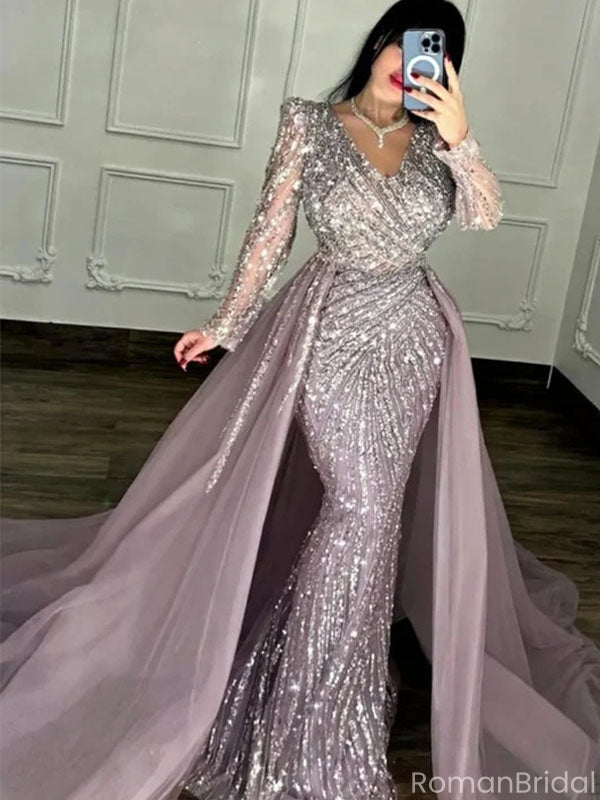 Unique Purple V-Neck Long Sleeve Mermaid Long Prom Dress Ideas, Evening Party Dresses, OLP1549