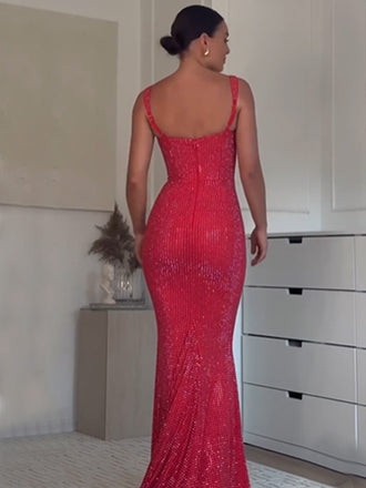 Sexy Spaghetti Strap Sleeveless Mermaid Satin Evening Prom Dresses Online, OLP868