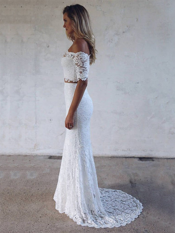 Newest Two-pieces Mermaid Half Sleeves Full Lace Long Wedding Dresses, WD0479