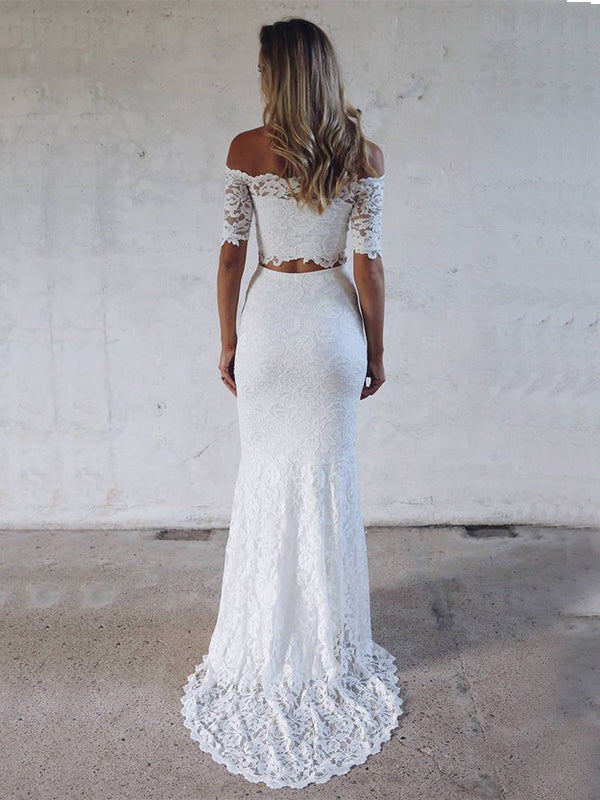 Newest Two-pieces Mermaid Half Sleeves Full Lace Long Wedding Dresses, WD0479