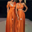 Mismatched One Shoulder A-line Satin Burnt Orange Long Bridesmaid Dresses Online, BG684