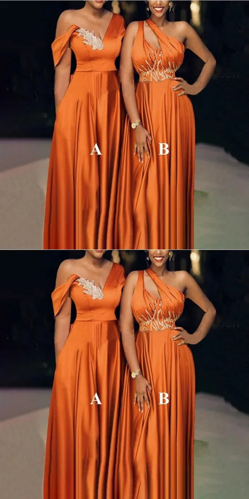 Mismatched One Shoulder A-line Satin Burnt Orange Long Bridesmaid Dresses Online, BG684