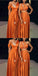 Mismatched One Shoulder A-line Satin Burnt Orange Long Bridesmaid Dresses Online, BG684