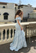 Elegant Light Blue Satin Off-the-Shoulder Tiered Ruffle Maxi Prom Dress,OLP2377