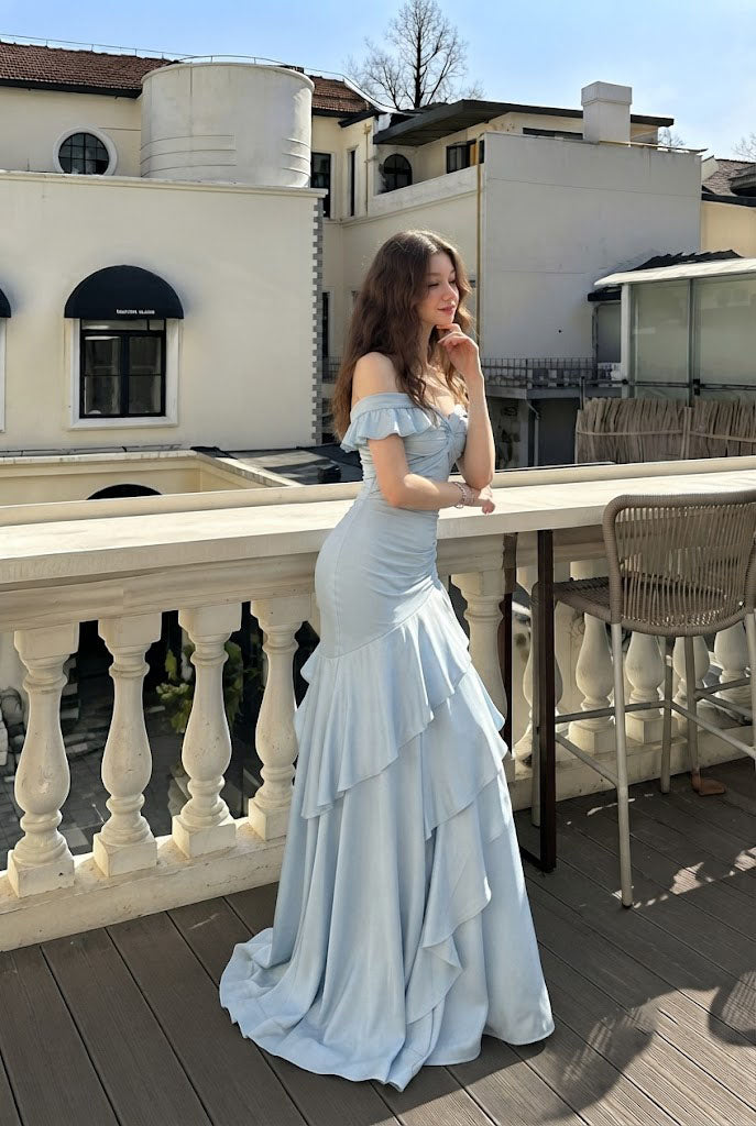 Elegant Light Blue Satin Off-the-Shoulder Tiered Ruffle Maxi Prom Dress,OLP2377