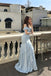 Elegant Light Blue Satin Off-the-Shoulder Tiered Ruffle Maxi Prom Dress,OLP2377