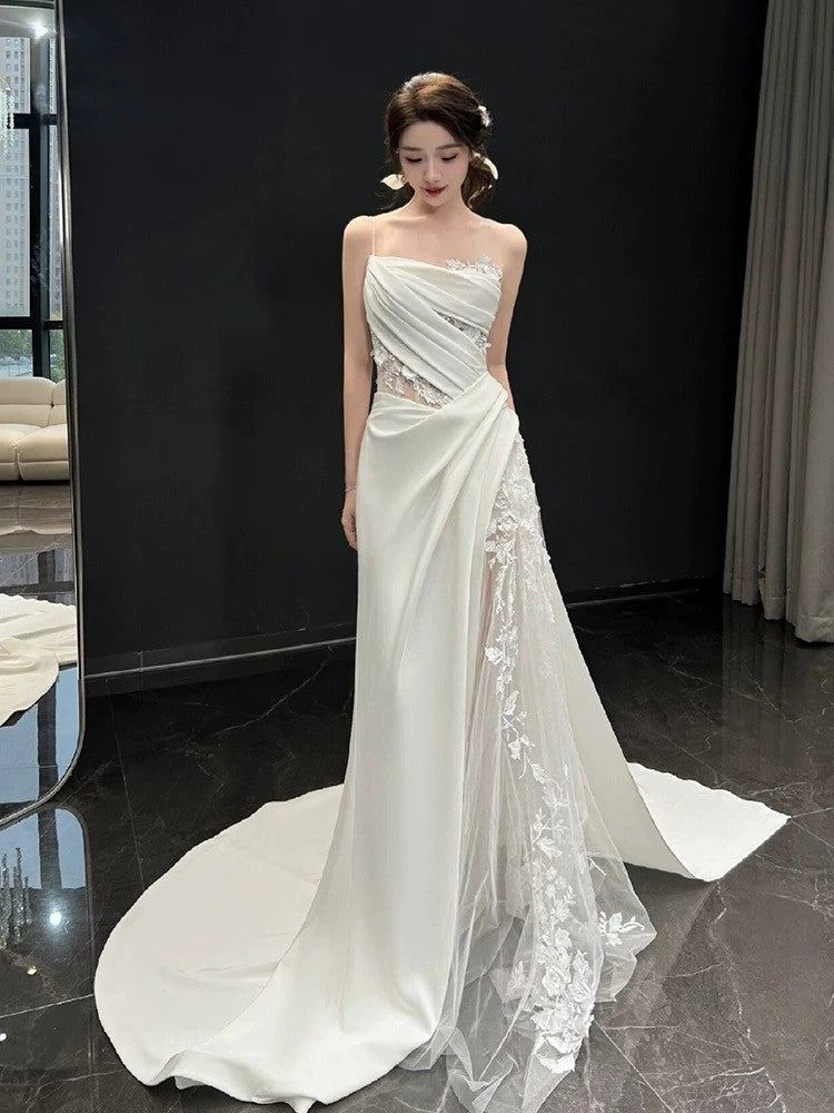 Formal One-shoulder Sleeveless Mermaid Satin Long Prom Dresses With Slit For Party Online, OL458