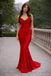 Sexy Spaghetti Strap V-neck Sleeveless Mermaid Satin Long Prom Dresses With Trailing For Party Online, OL417