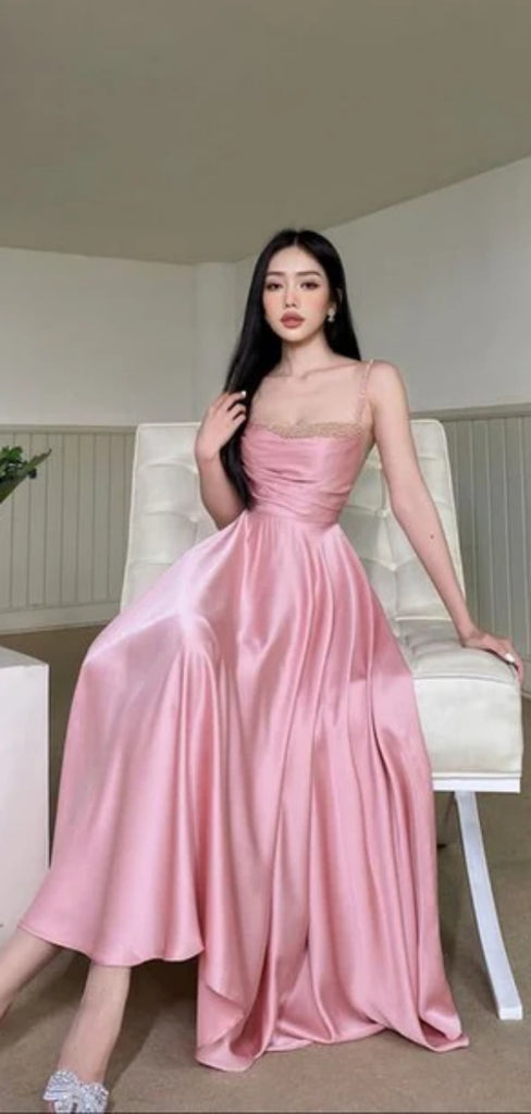 Soft Spaghetti Strap Sleeveless A-line Satin Evening Prom Dresses Online, OLP880