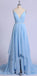 Spaghetti Straps V-Neck Backless Blue Chiffon Prom Dresses, PD0654