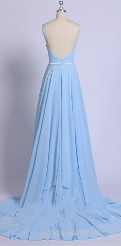 Spaghetti Straps V-Neck Backless Blue Chiffon Prom Dresses, PD0654