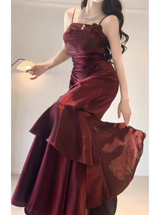 Elegant Red Spaghetti Strap Sleeveless Mermaid Long Prom Dress Ideas, Evening Party Dresses , OLP1209