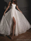 Sparkly Spaghetti Straps A-line Ivory Long Evening Prom Dress with Side Slit, OL064