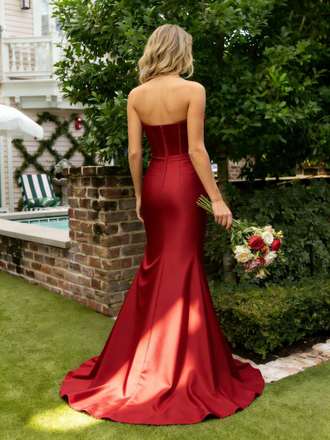 Fancy Dark Red Strapless Corset Prom Dress Beautiful Ruched Satin Floor Length Gown,OLP1750