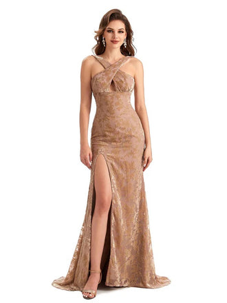 Unique Gold V-Neck Mermaid Side Slit Long Prom Dress Ideas, Evening Party Dresses, OLP1348