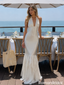 Beautiful White Halter Neck Mermaid Prom Dress Modern Plunging Ruffled Hem Gown,OLP2389