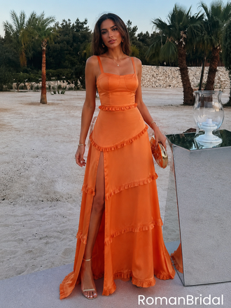 Sexy Vibrant Orange Satin Ruffled Slit Prom Dress with Sweetheart Straps,OLP2373