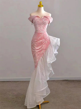 New Arrival Off the Shoulder Mermaid Pink Velvet Prom Dresses with Beading, OL010