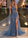 Classy Slate Blue One Shoulder High Slit Tulle Over-Skirt Prom Dress,OLP2498