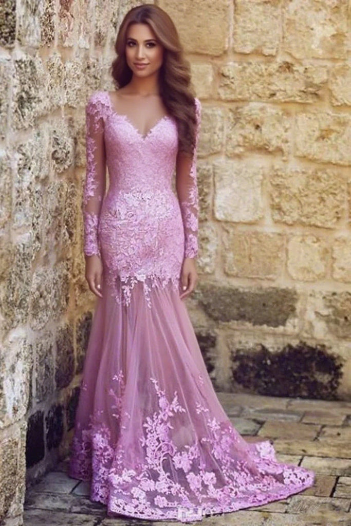 Sexy Applique Pink Long Sleeve Mermaid Long Prom Dress Ideas, Evening Party Dresses, OLP1501