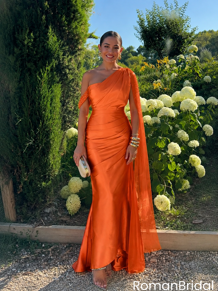 Stunning Burnt Orange One Shoulder Sleeveless Mermaid Long Satin Prom Dress ,OLP2396